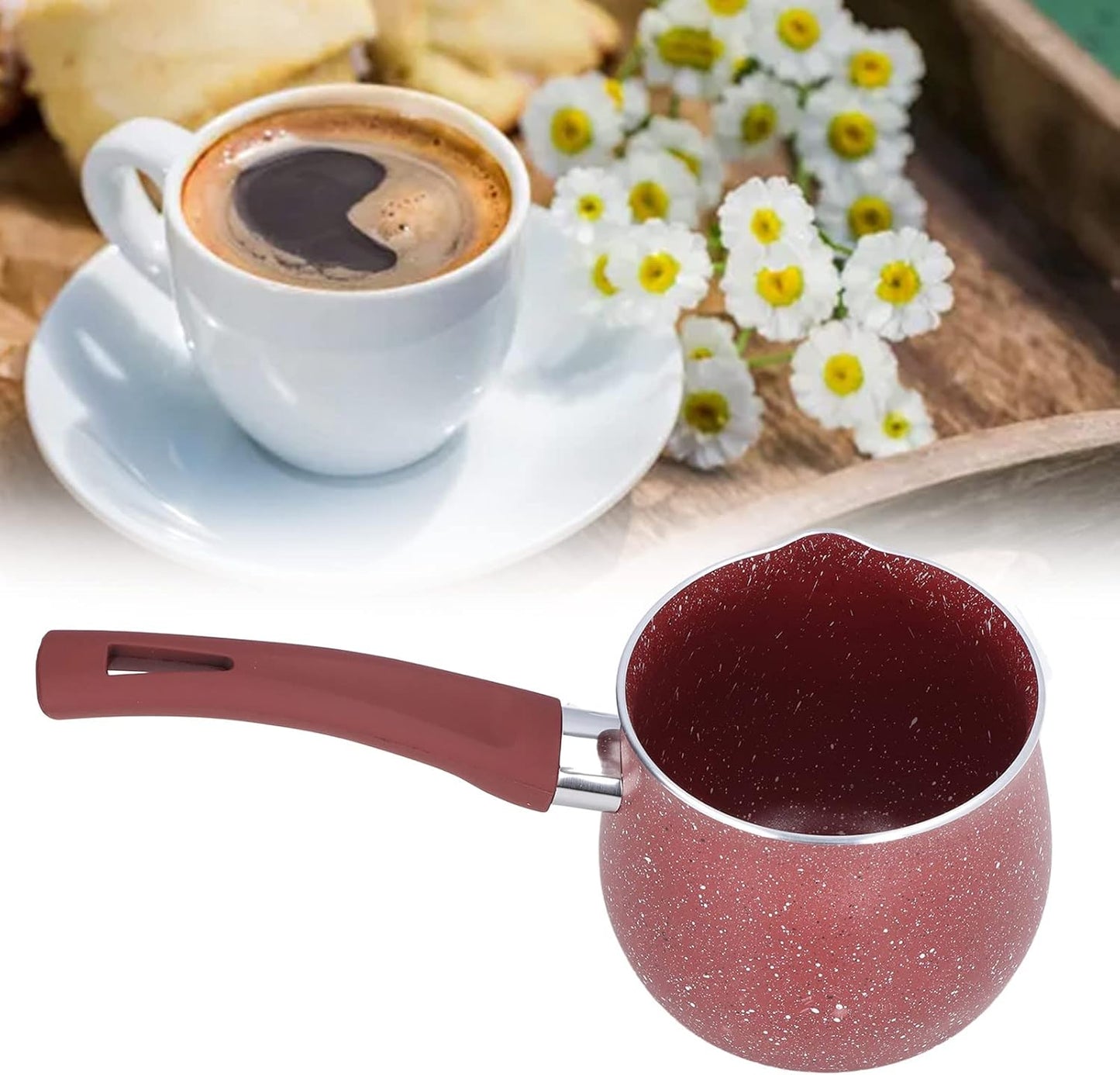 Portable Milk Pan, Aluminum Alloy Small Saucepan with Long Handle, Non Stick Coating, Mini Milk Boiling Pot (Red)