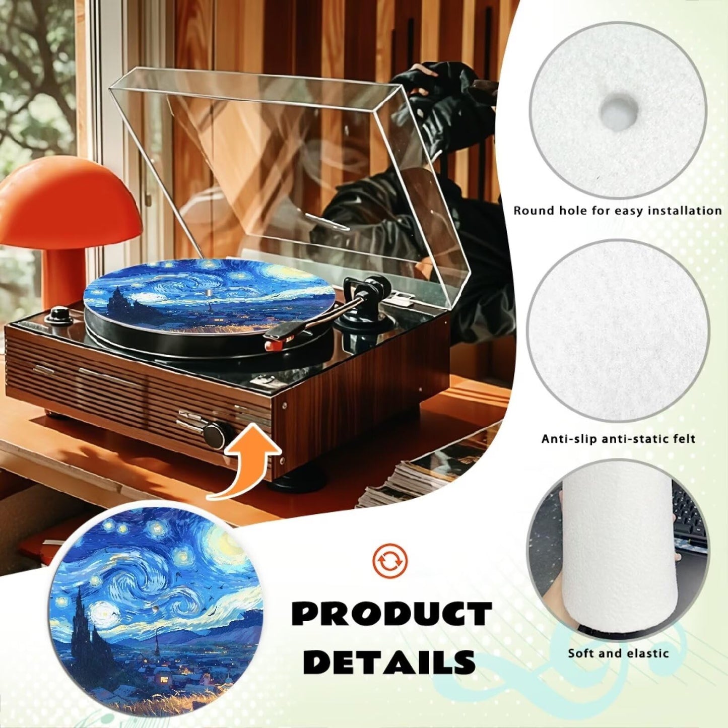 Qehuruxo Oil Painting Turntable Platter Mat Rubber Slipmat Record Player mat 12-inch Turntable Rubber Mat Silicone Design for Universal to All LP Vinyl Record Players (Black)