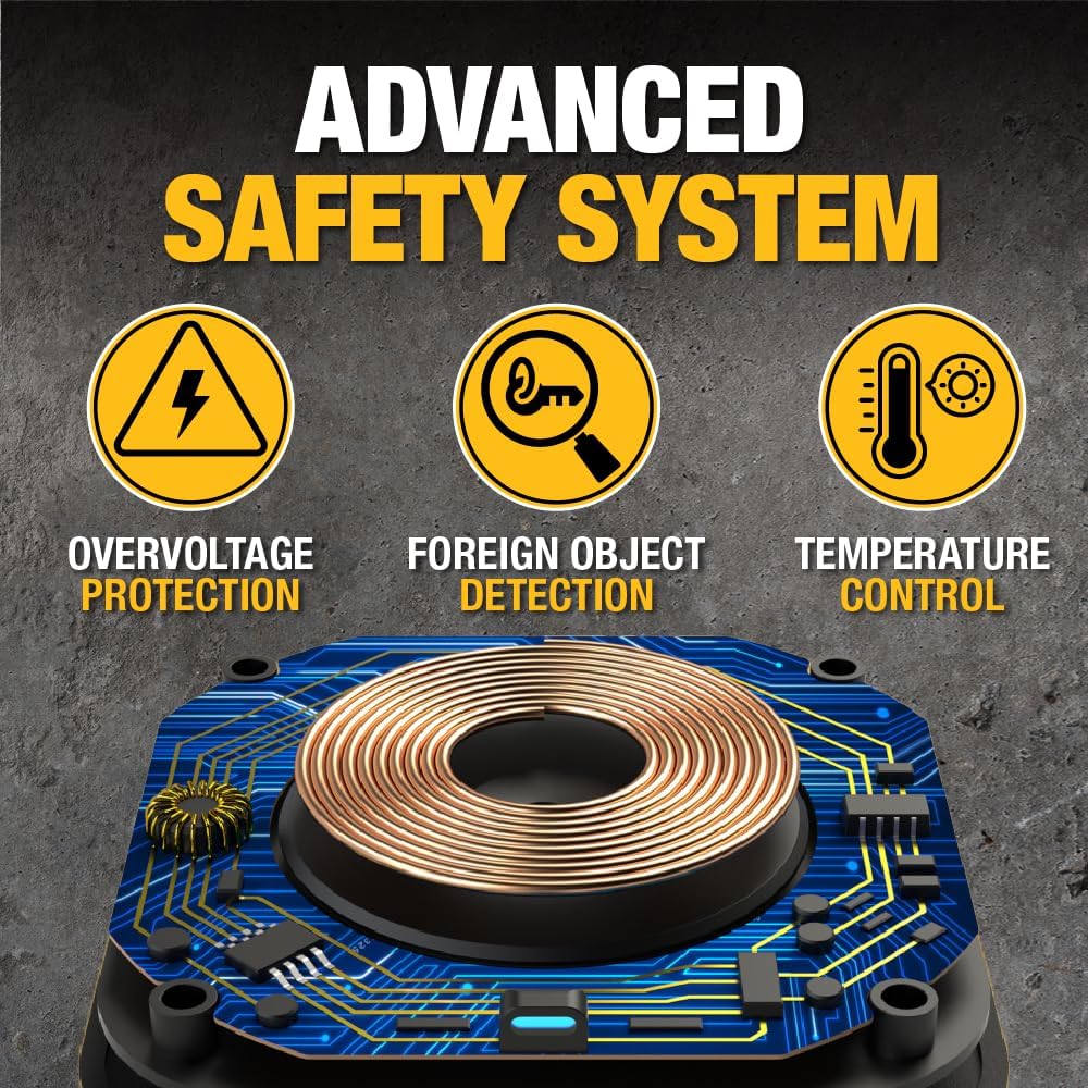 DEWALT Heavy Duty Wireless Charger, 10W Max Fast Wireless Charging Pad Compatible with iPhone 16/15/14/13/12/11/X/8 Pro Max Plus, Samsung Galaxy S22/S21, AirPods (Type C Cable & AC Adapter Included)