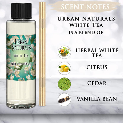 Urban Naturals White Tea Scented Oil Reed Diffuser Refill, 4 oz., Includes Free Set of Reed Sticks