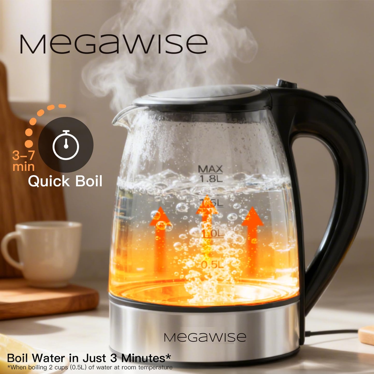MEGAWISE 1.8L Healthy Electric Kettle, 1800W Borosilicate Glass Tea Kettle with Food Grade Material, Auto Shut-Off and Boil-Dry Protection Cordless Kettle Fast Boiling, BPA Free