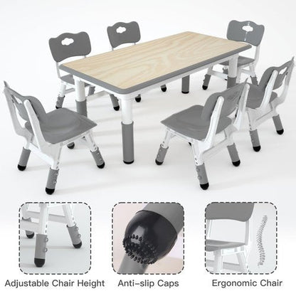 LulliSpace Kids Table and 6 Chairs Set，Height Adjustable Children Table & Chair，Toddlers Study Multi-Activity Table with 47.2"x23.6" Wipe-Clean Desktop，for Classrooms, Homes & Daycares