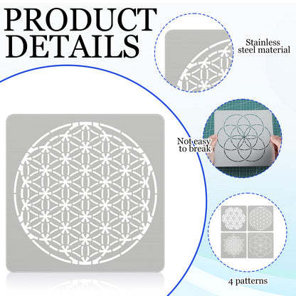 Therwen 4 Pcs Reusable Metal Stencils Sacred Geometry Stencils Flower of Life Version 64 Tetrahedron Seed of Life Drawing Template for Wood Burning Engraving Crafting Scrapbook Wall Painting Crafts