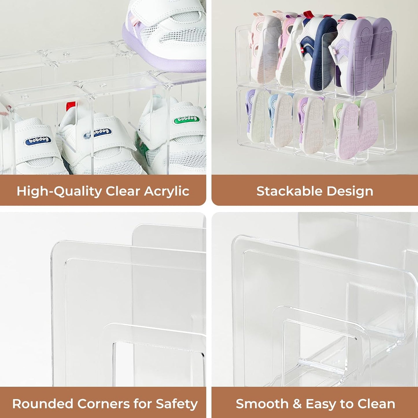 4 Pack Closet 4 Clear Acrylic Kids Shoe Rack for Organizers and Storaget, Baby Shoe Storage Small Shoe Rack Sections