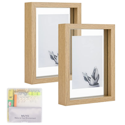 MUYE 5x7 Floating Frame Set of 2,Double Glass Rustic Photo Frame for Wall Hanging or Tabletop Standing,Also Display 4x6 or 3x5 Photo for Floating Effect,Natural