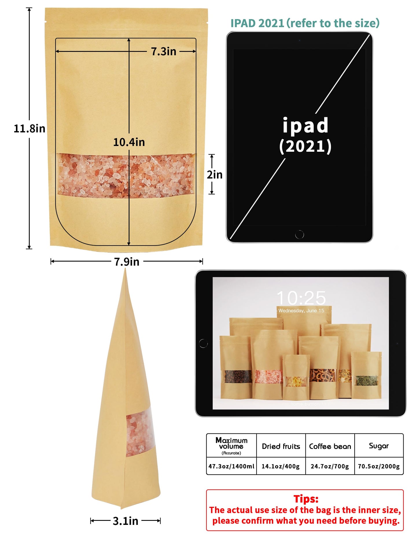 FireKylin 100 Pcs Brown Paper Bags with Window, 7.9" x 11.8" Stand Up Pouches Bags, Zipper Food Storage Bags for Packaging Products, Reusable, Sealable