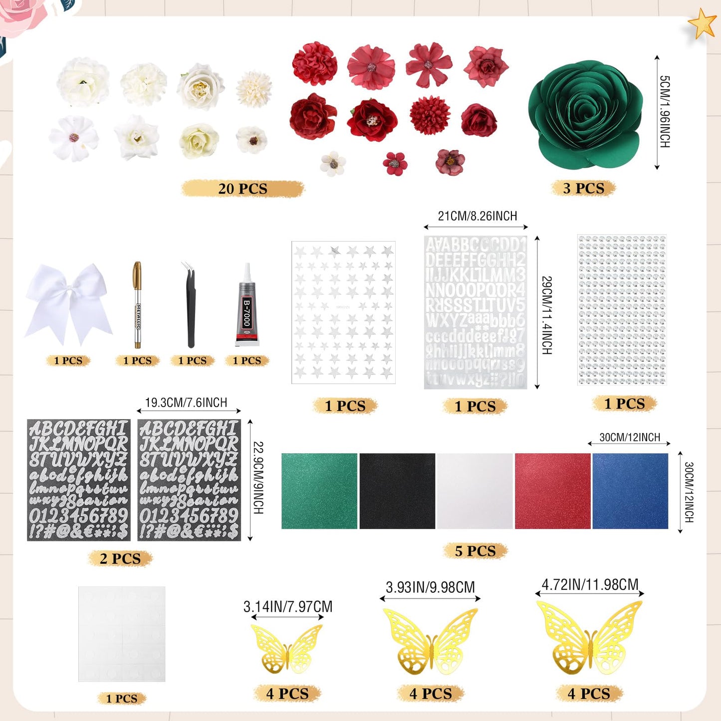 WinnerWhy 51Pcs DIY Mexican American Flag Graduation Cap Decorations 2026 Handmade Mexican American Grad Hat kit Included Faux Flower Heads Letter 3D Butterfly Stickers for Craft Graduation Cap Topper