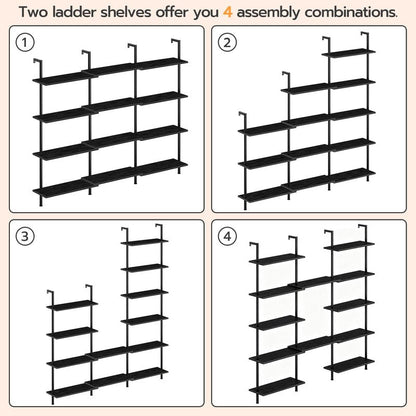 HOOBRO DIY Ladder Shelf, 6-Tier Wall Mounted Bookshelf, Office Vertical Bookcase, Wooden Storage Shelves for Home Office, Bedroom, Black BB65CJ01