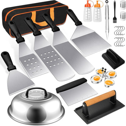 Terlulu Griddle Accessories Kit - 28 PCS Flat Top Grill Tools with Spatula, Burger Press & Carry Bag