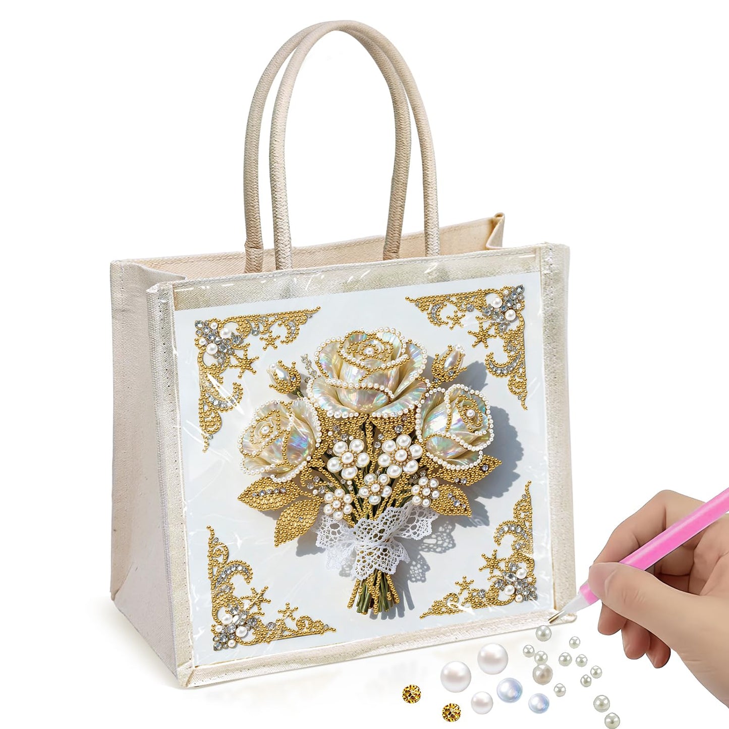 Xylzzuit DIY Pearl Painting Canvas Tote Bag Kit 11.42IN Diamond Art Handbag for Women Shopping Grocery Bag Dots Beads Art Craft Gift (Flower01)