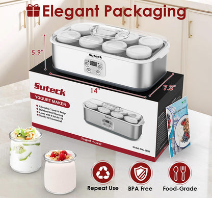 8 48 oz Suteck Yogurt Maker with Glass Jars, Time & Temp Adjustable Control Yogurt Machine, Homemade Greek & Probiotic