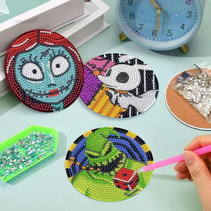 6 Pcs 5D DIY Diamond Art Painting Christmas Cartoons Coasters with Holder,DIY Coaster Diamond Art Kits for Adults Beginners, Round Full Drill Diamond Art Craft Supplies QLBD-06
