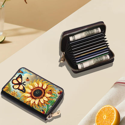 JZHYOAN Sunflower Diamond Art Credit Card Holder DIY Butterfly Pattern Zipper Business Small Wallet Coin Purse Keychain Gem Arts Card Holder Wallet Family Adult Man Woman Craft Gift