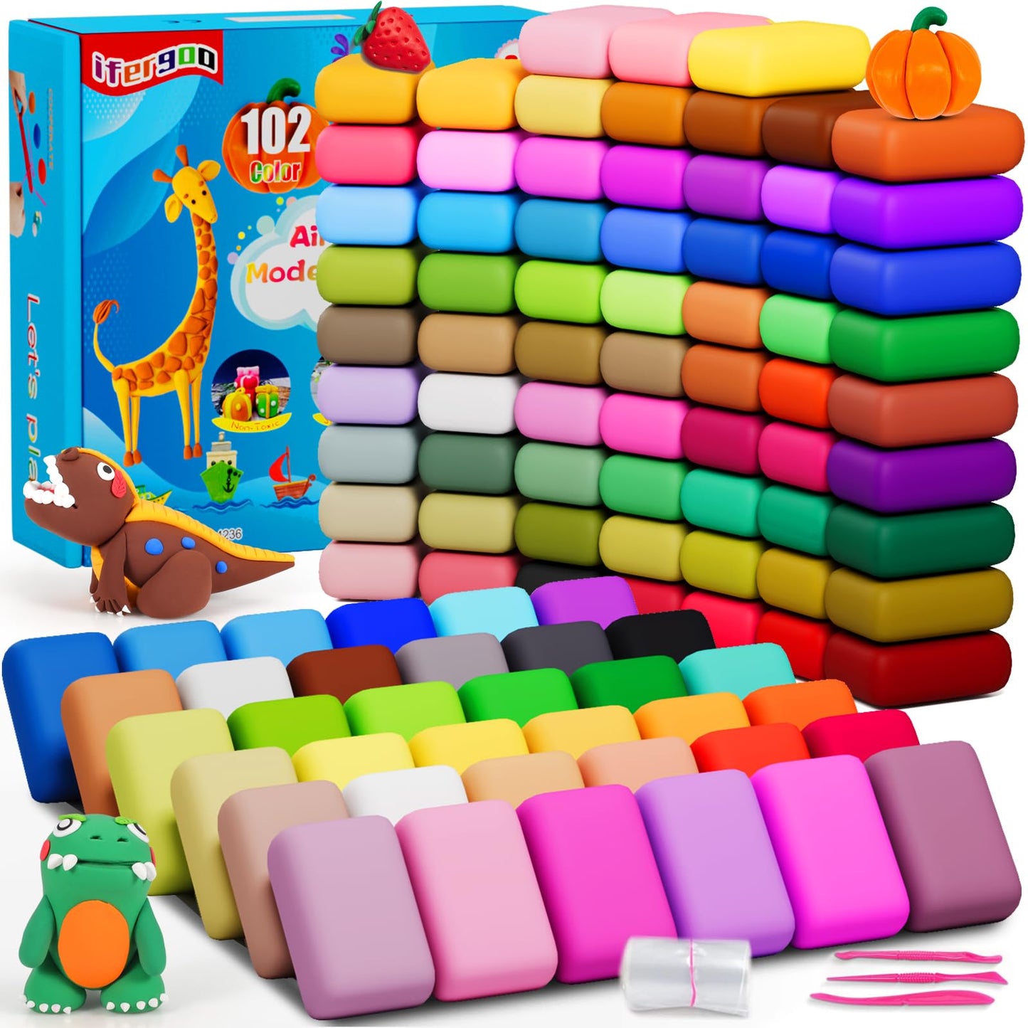 ifergoo Air Dry Clay for Kids - 102 Colors Modeling Magic Foam Clay Kit, Safe & Non-Toxic, Kids DIY Model Art & Crafts Toys with Sculpting Tools, Birthday Gifts for Boys & Girls 3-12 Years Old