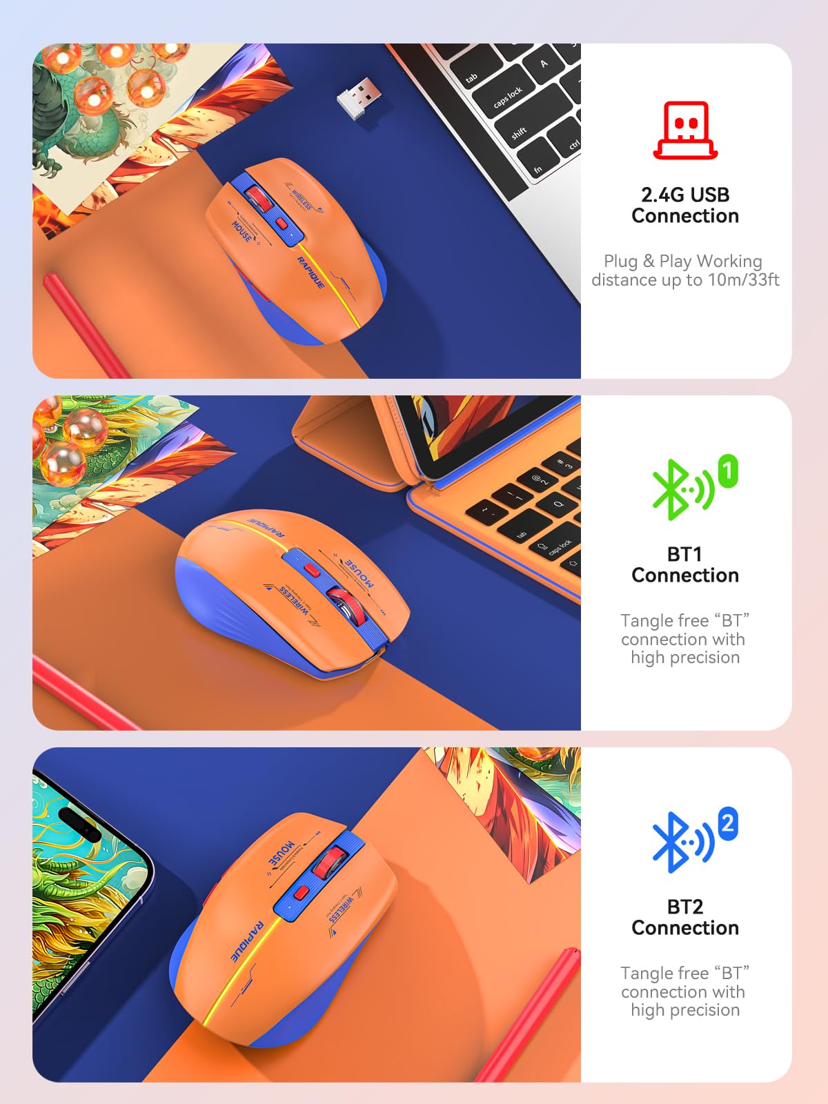 RAPIQUE Bluetooth Wireless Mouse - (BT1/BT2+USB Receiver) Dual Mode, Rechargeable, Quiet Click, Multi-Device Compatibility for Laptop, Computer, MacBook, Tablet (Blue and Orange)
