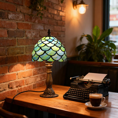 MOAN Small Lamp Stained Glass Table Lamp 8X14.5 Inch Bedside Reading Light Antique Light Desk Lamp(Green Fish Scale Style)