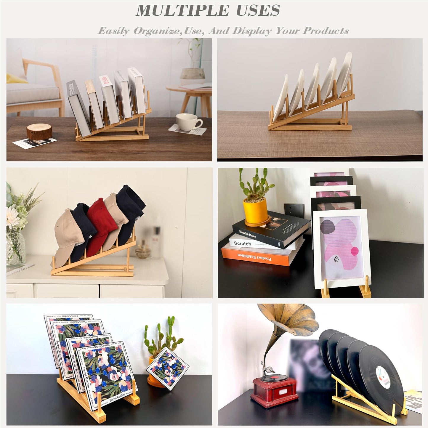SRYESA 2 Pack Plate Stands For Display,Wooden Plate Holders for Displaying,5-Tier Craft Show Display Stands For Tabletop Book, Artwork, Photo, Puzzle, Magazine and Platter