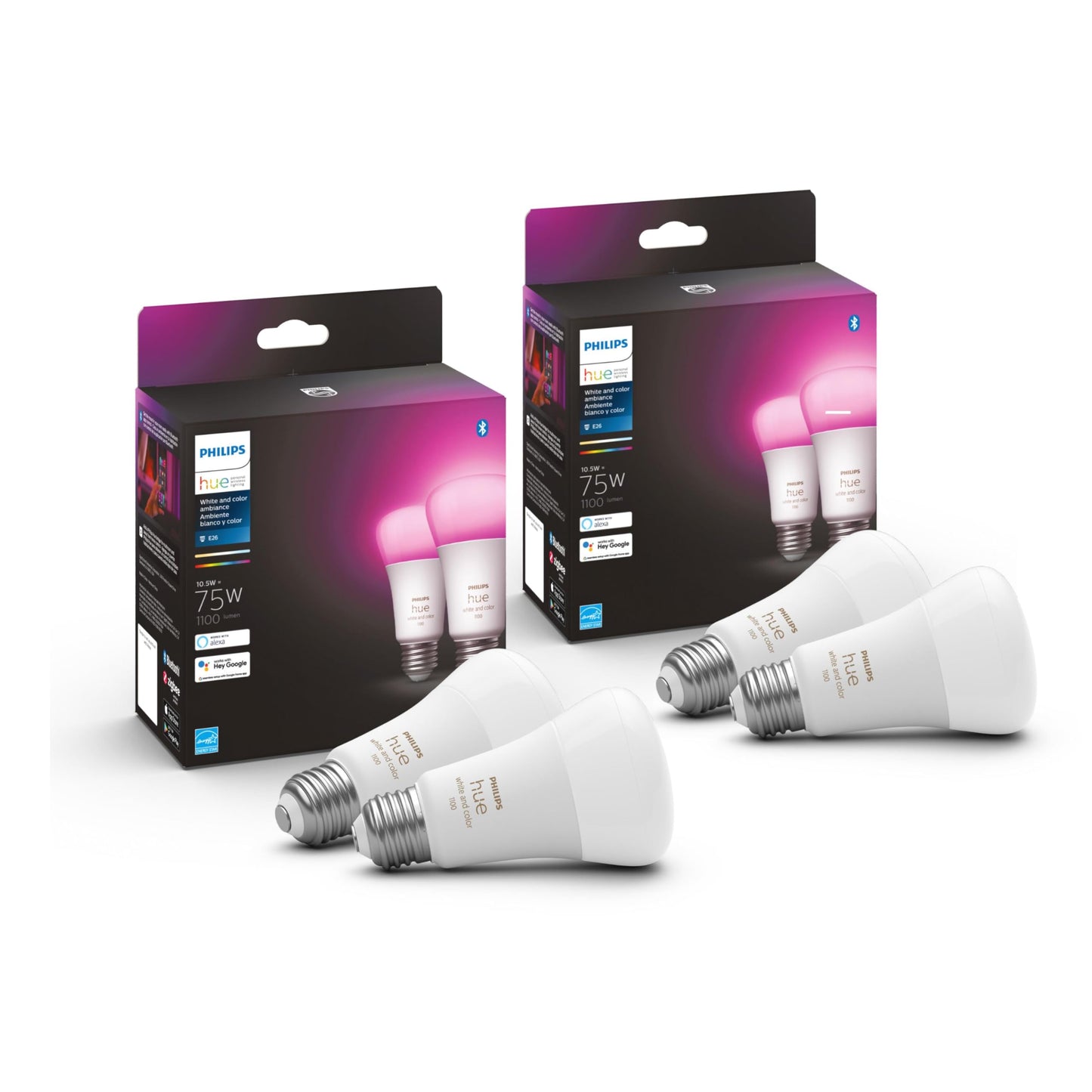 Philips Hue Smart 75W A19 LED Bulb - Soft Warm White Light - 2 Pack - 1100LM - E26 - Indoor - Control with Hue App - Works with Alexa, Google Assistant and Apple Homekit