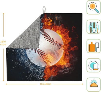 Baseball Dish Drying Mat 18x16 in, Sports-Themed Absorbent Pads with Cool Fire & Water, Drainer Mats for Kitchen Counter