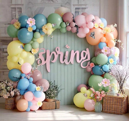 Pink Blue Green Balloon Arch Kit with Artificial Flowers, Double Stuffed Light Baby Yellow Pink Blue Green Pastel Floral Balloon Garland for Baby Shower Wedding Birthday Fairy Spring Tea Party Decor