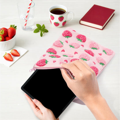 Fiupan All-in-One Strawberry Embroidery Kit - DIY Craft Kit with Thread, Fabric & Needles, Pink Embroidery Pouch for Tablet E-Reader Sleeve, Creative Birthday Gifts for Beginners（6-6.8 Inch）