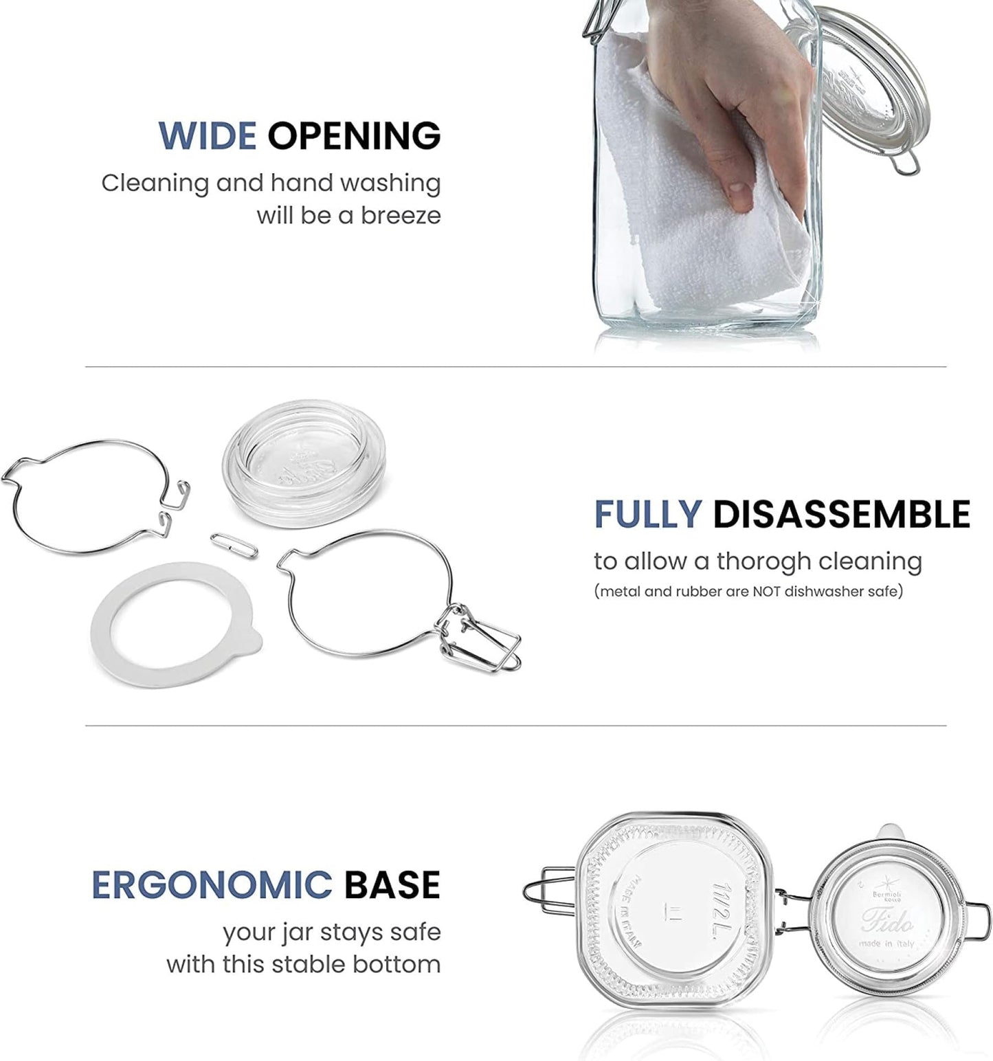 Bormioli Rocco Clear Glass Storage Jars: Airtight Hinged Lid With Leak Proof Gasket, Wide Mouth Canister Kitchen Food Container - For Zero Waste Air Tight Preserving Jam, Spices, Coffee, Sugar & Herbs