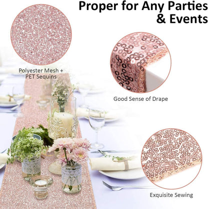 FGSAEOR Rose Gold Tablecloth, 12x108inch Sequins Table Runners and 54x108inch Plastic Table Cloths for Christmas