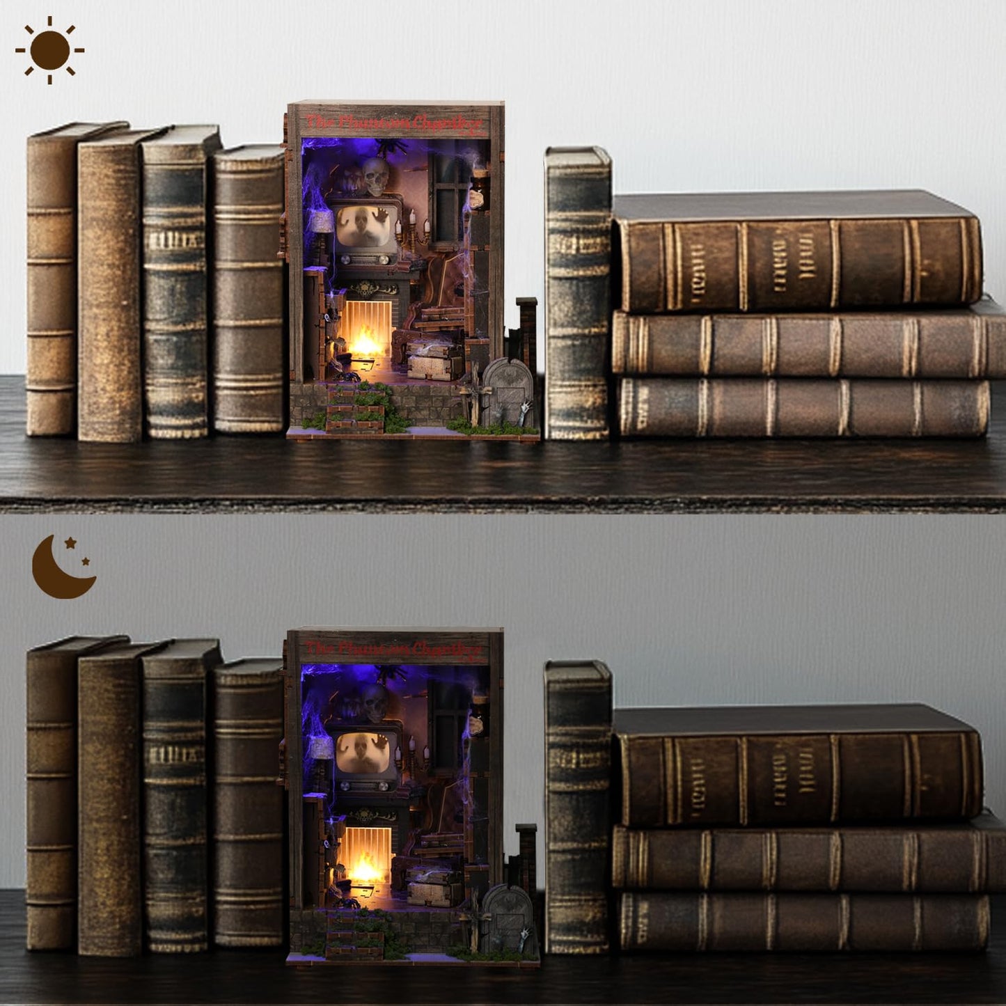 Book Nook Kit,DIY 3D Wooden Miniature Dollhouse Kit Gifts for Adults,The Phantom Chamber Haunted House Booknook with LED Light