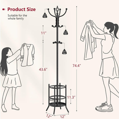 Tajsoon Coat Rack Stand with Umbrella Holder, Coat Tree Freestanding with 16 Hooks, Coat Hangers Stand for Living Room, Bedroom, Office, Black