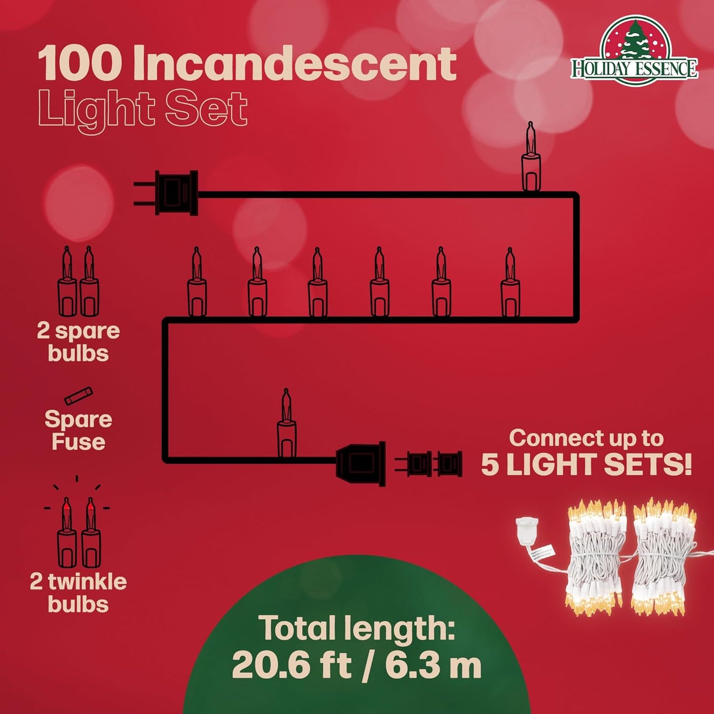 Holiday Essence 20 Ft Clear Warm White Christmas String Lights Set, 100 Decorative Lights for Indoor Outdoor Use