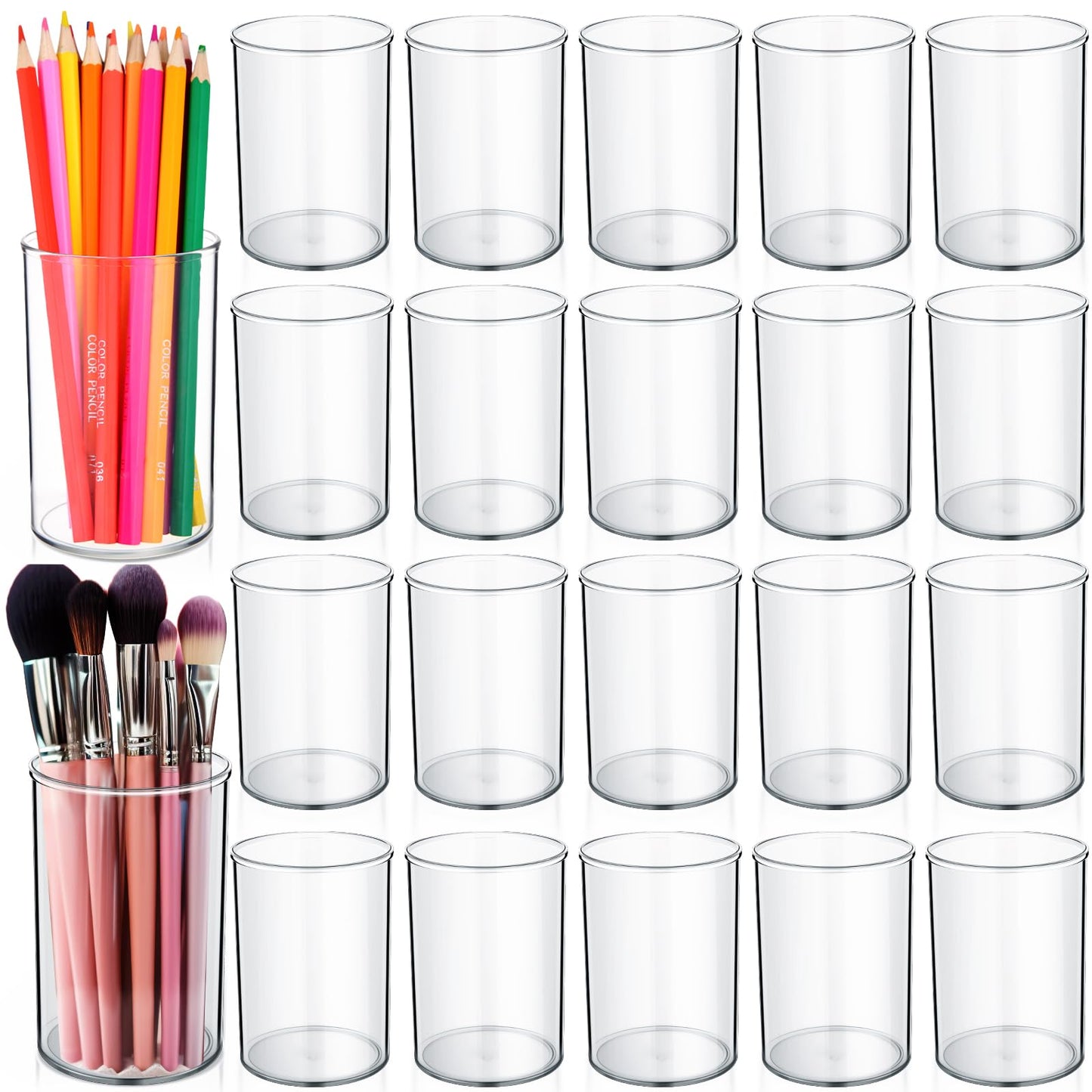 Crtiin 20 Pack Clear Acrylic Pen Holder Makeup Brush Round Pencil Holder for Desk Pen Cups Desk Organizers and Storage Desktop Stationery Organizer for Office School Home Supplies