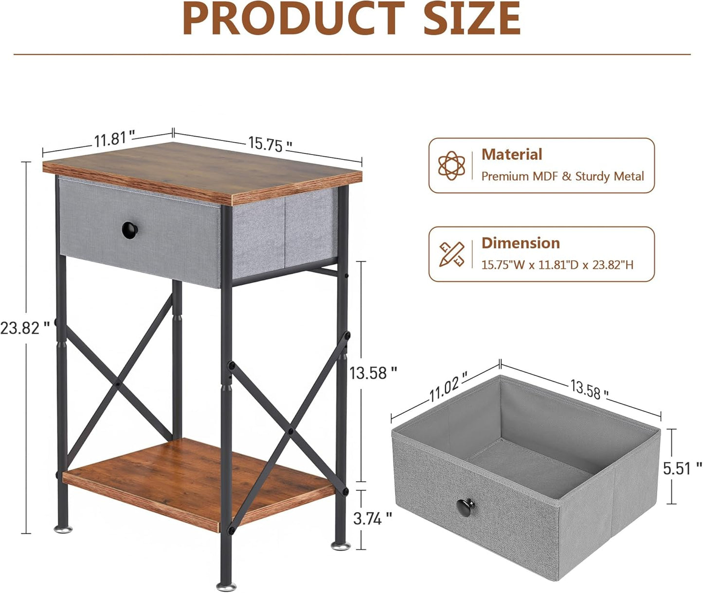 Brown,1 Pack VECELO End Tables, Modern Nightstands with Drawer & Open Shelf, Side Table for Bedroom Living Room
