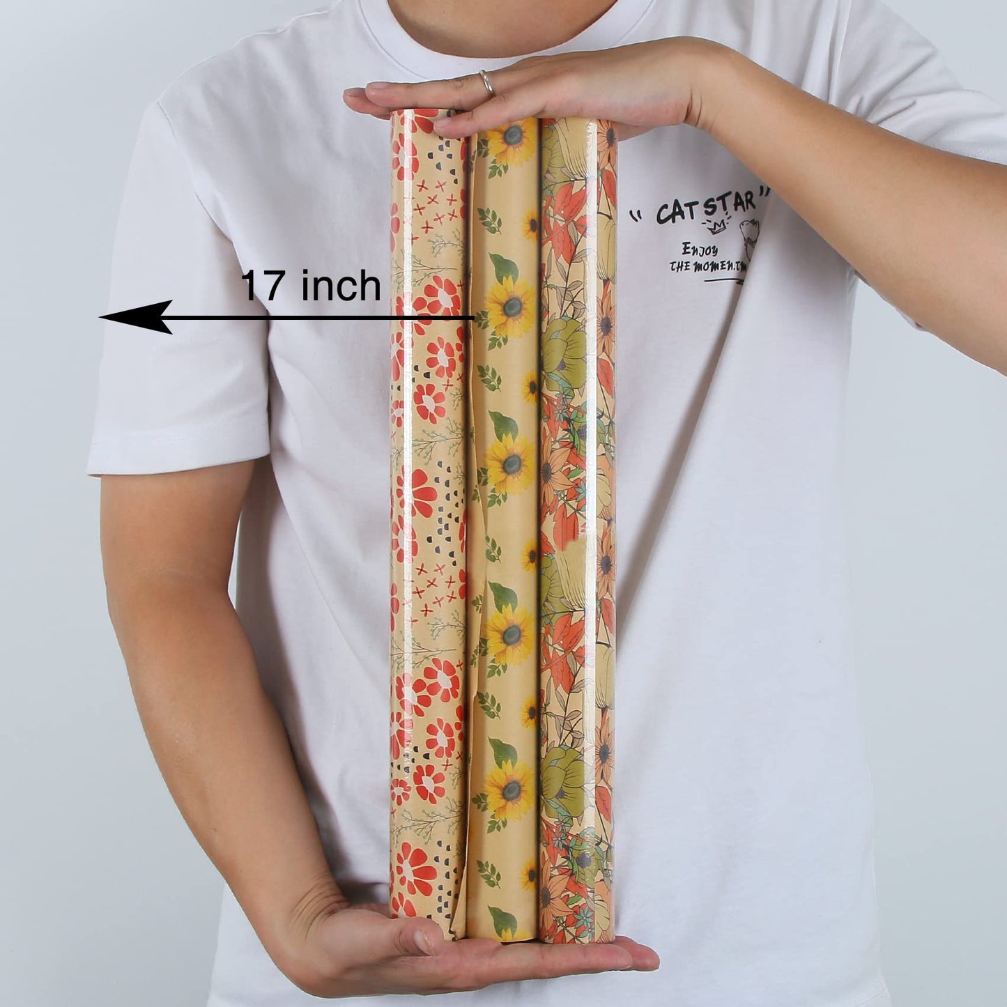 Aimyoo Kraft Floral Wrapping Paper Bundle, Vintage Spring Flowers Rose Gift Wrap Paper for Wedding Bridal Shower Birthday, 3 Rolls 17 in x 10 ft per Roll