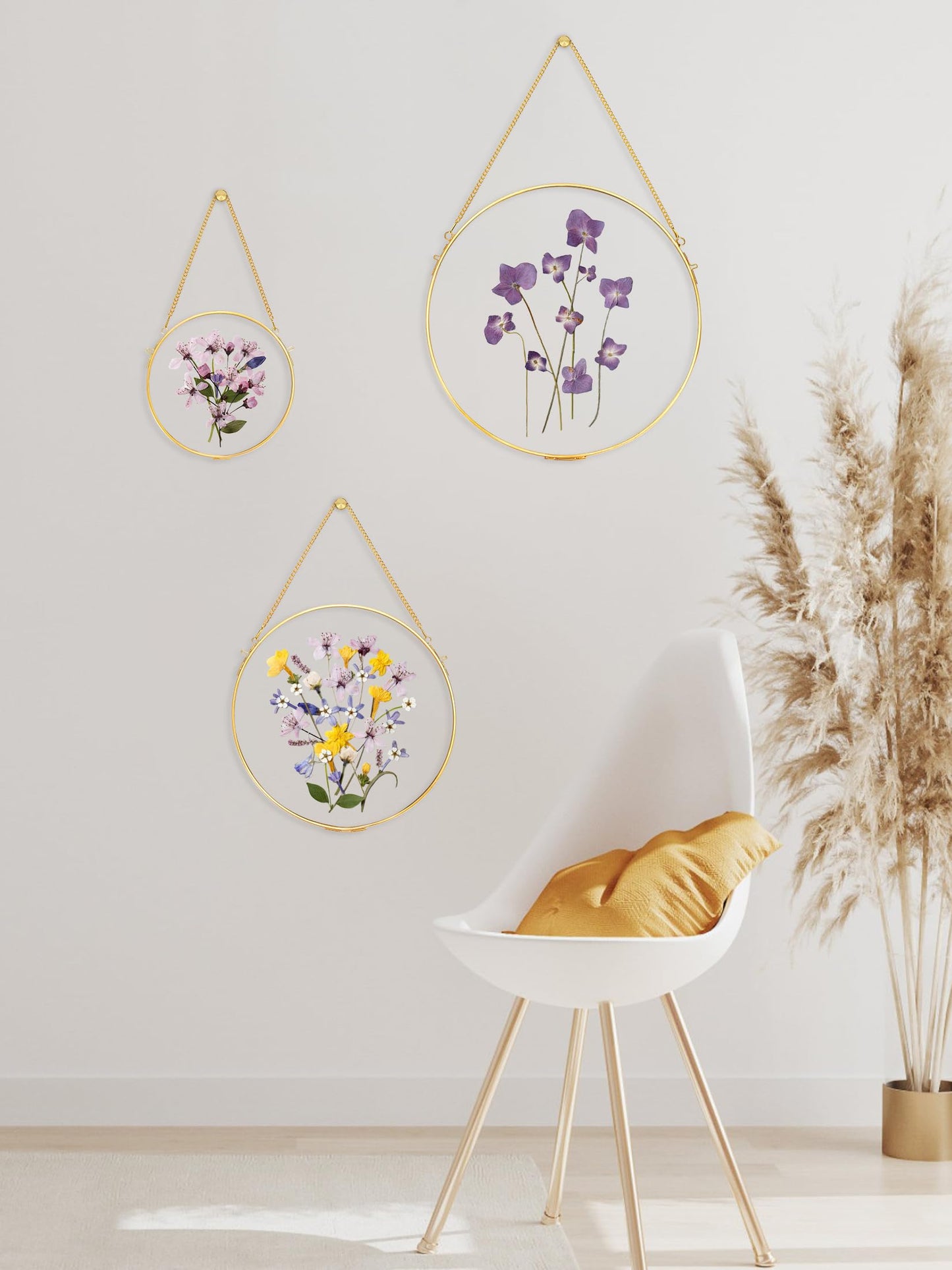 REDHUGO Glass Frame for Pressed Flowers Handmade, Wall Hanging Brass Floating Frame, Double Glass Round Picture, Glass Frame for Dried Flowers Poster Home Wall Decor, Circle, Gold (FRAME ONLY)