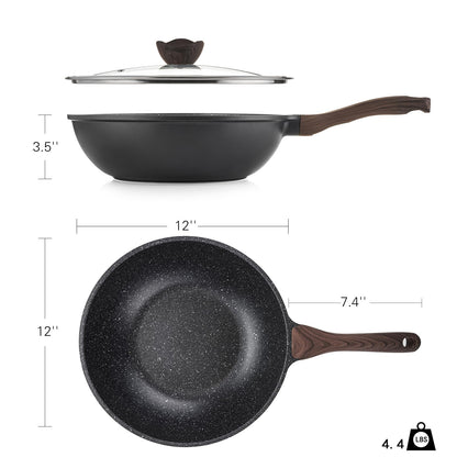 Kordisen Nonstick Wok with Lid, 12 Inch Woks & Stir-fry Pans, Granite Stone Coating for Cooking, Induction Cookware, Compatible with All Stovetops, PFOA Free