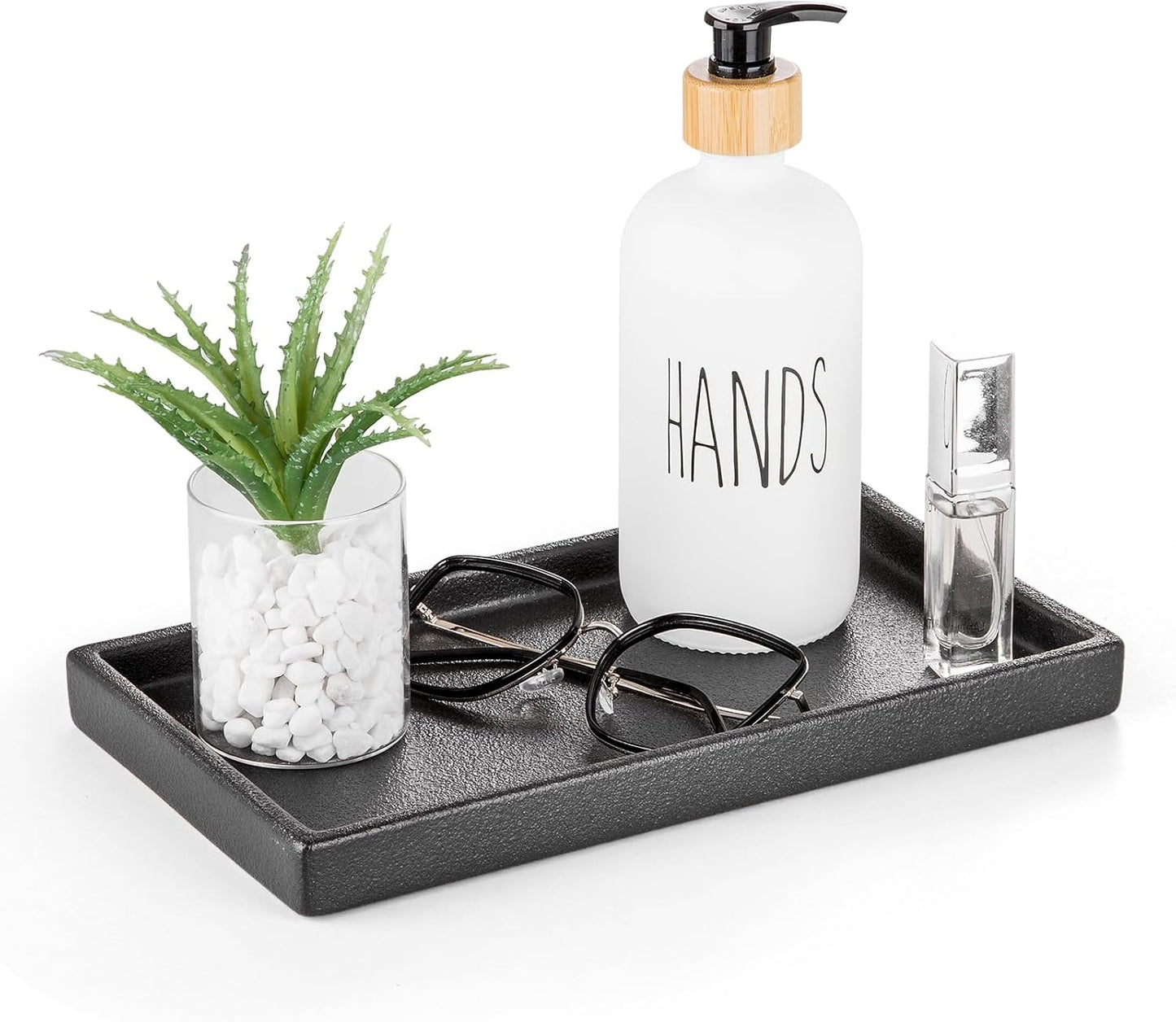 Bathroom Vanity Tray, Black Ceramic Organizer Tray for Counter, Rectangle Soap Dispenser Tray for Bathroom and Kitchen