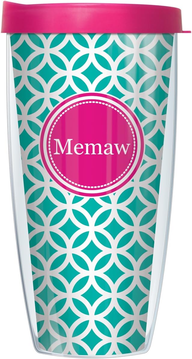 Pink Memaw Insignia Wrap on Teal and White Roundabout Tumbler Cup, 22 Oz, Hot Pink Lid, Thermal Insulated, BPA Free