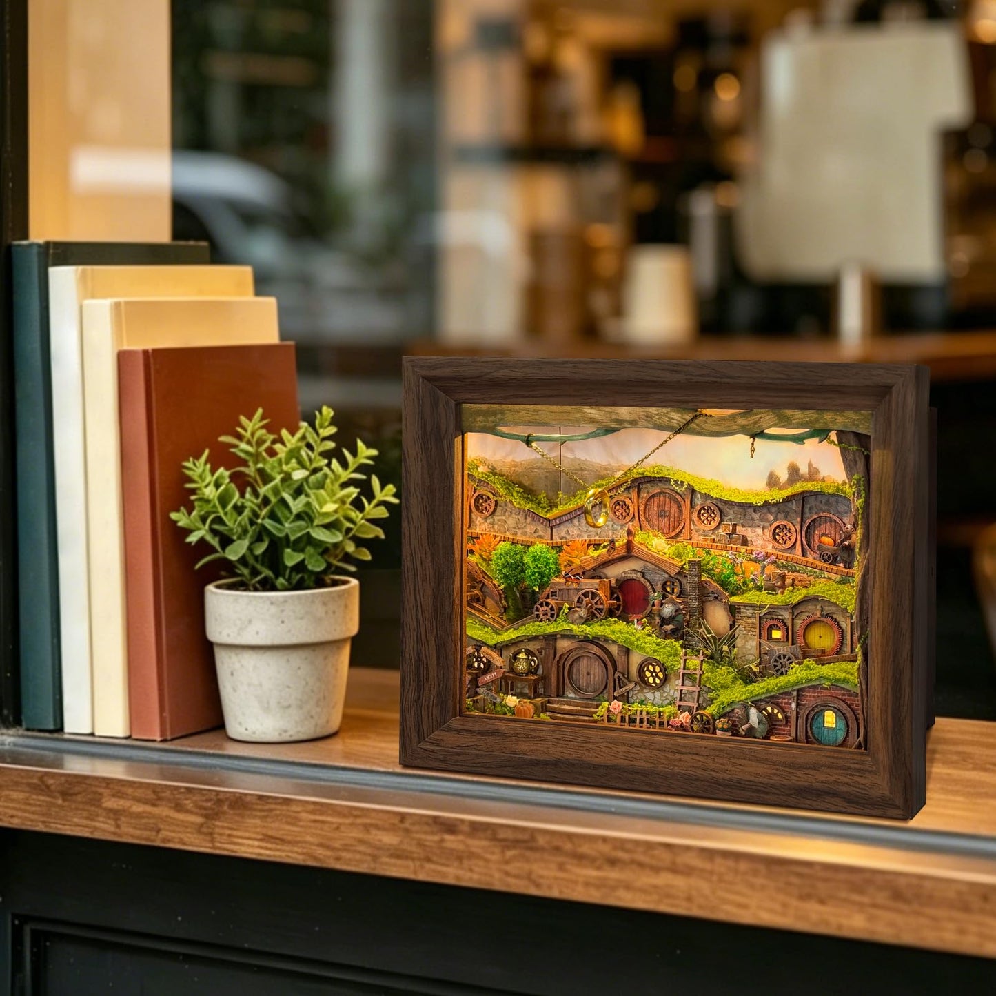 LORENOOK The Magic Ring Hamlet DIY Miniature House Shadow Box Kit – 3D Wooden Puzzle with Lights & Dust Cover, Book Nook Kits for Adults, Creative Framed Bookshelf Decor & Gift