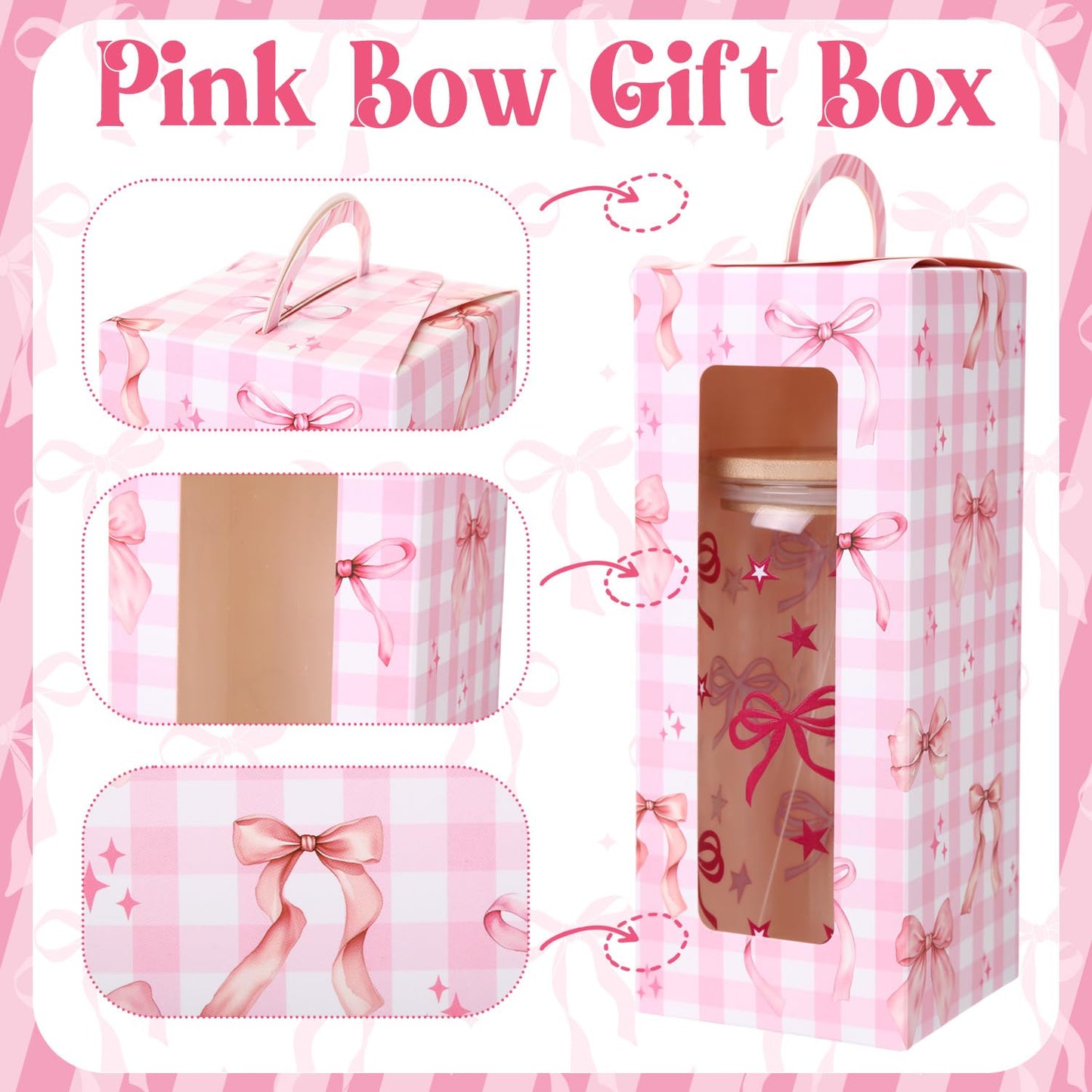 Zhehao 6 Set Cute Coquette Pink Bow Glass Cup Gift Set 16oz Aesthetic Iced Coffee Cup with Lids and Straws Toppers Brushes Gift Boxes Coquette Bow Party Favor Gifts for Girls Women Bridesmaid Mother
