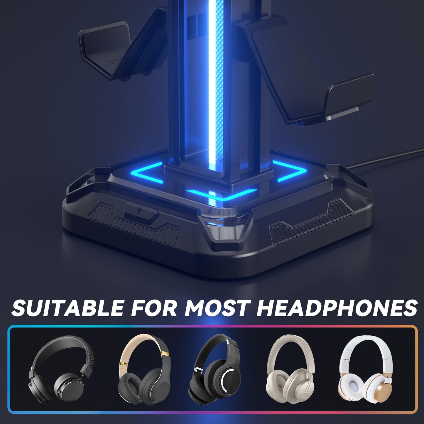 KDD RGB Headset Stand with 9 Light Modes - Controller Holder for Desk - Rotatable Headphone Stand & Detachable Controller Hook for PC Earphone Accessories(Black)