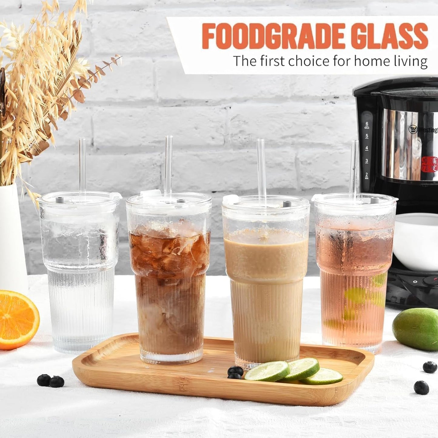 ALINK 20oz Glass Tumblers with Lids and Straws, Set of 2 - Stylish Ribbed Design Drinking Glasses for Iced Coffee Cups, Juice, Smoothies, Cold Beverages, Includes Cleaning Brush, Durable Glassware