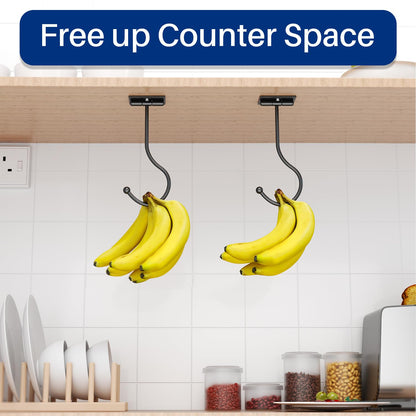 Josmimic Under Cabinet Banana Hook Foldable - Adhesive Banana Holder, Foldable with Magnets When Not in Use, Under Counter Banana Hook, Stainless, Hold 13 LB, Black