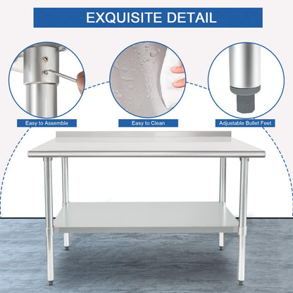 HARDURA Stainless Steel Prep & Work Table 30 x 48 Inches NSF Heavy Duty Commercial with Undershelf and Backsplash, Galvanized Legs for Commercial Food Prep