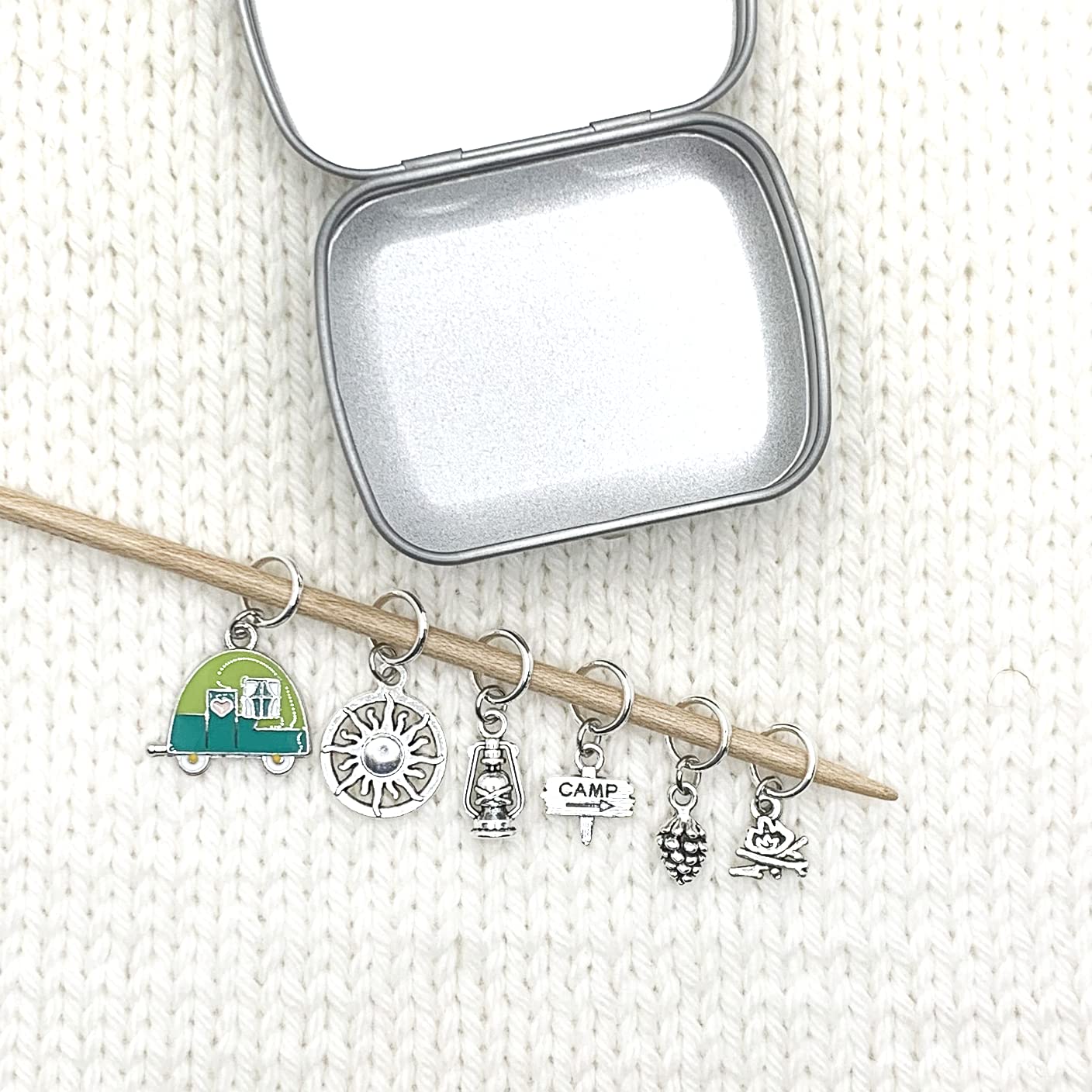 Go Camping Knitting Stitch Markers with Storage Tin | Ring Style Closed Rings | Camping Theme | Gift for Knitters & Yarn Lovers | Handmade by Pretty Warm Designs