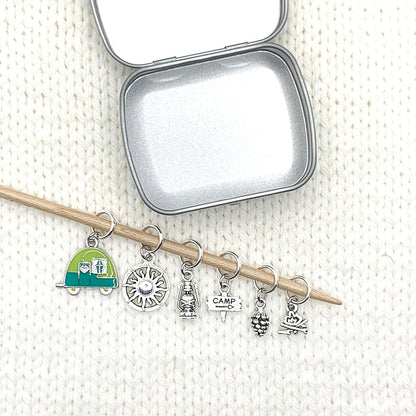 Go Camping Knitting Stitch Markers with Storage Tin | Ring Style Closed Rings | Camping Theme | Gift for Knitters & Yarn Lovers | Handmade by Pretty Warm Designs