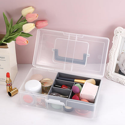 JUXYES Plastic Carry Storage Box with Removable Dividers, Clear Art Craft Supply Storage Bin Sewing Box With Handle Lid, 2 Layers Stationery Storage Case for School/Office Supplies