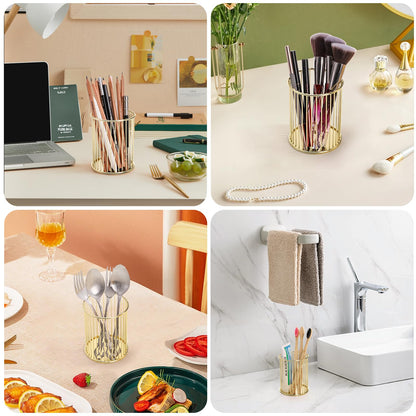 Yopay 4 Pack Gold Pencil Holder, Metal Pen Cup Makeup Brush Holder for Desk, Round Wire Mesh Desktop Organizer for Office School Home Vanity, Aesthetic Cylindrical Storage Organizer for Art Supplies