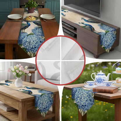 LooPoP 90 Inches Farmhouse Vintage Peacock Table Runner-Cotton Linen-Long Dresser Scarves, Farmhouse Table Runner