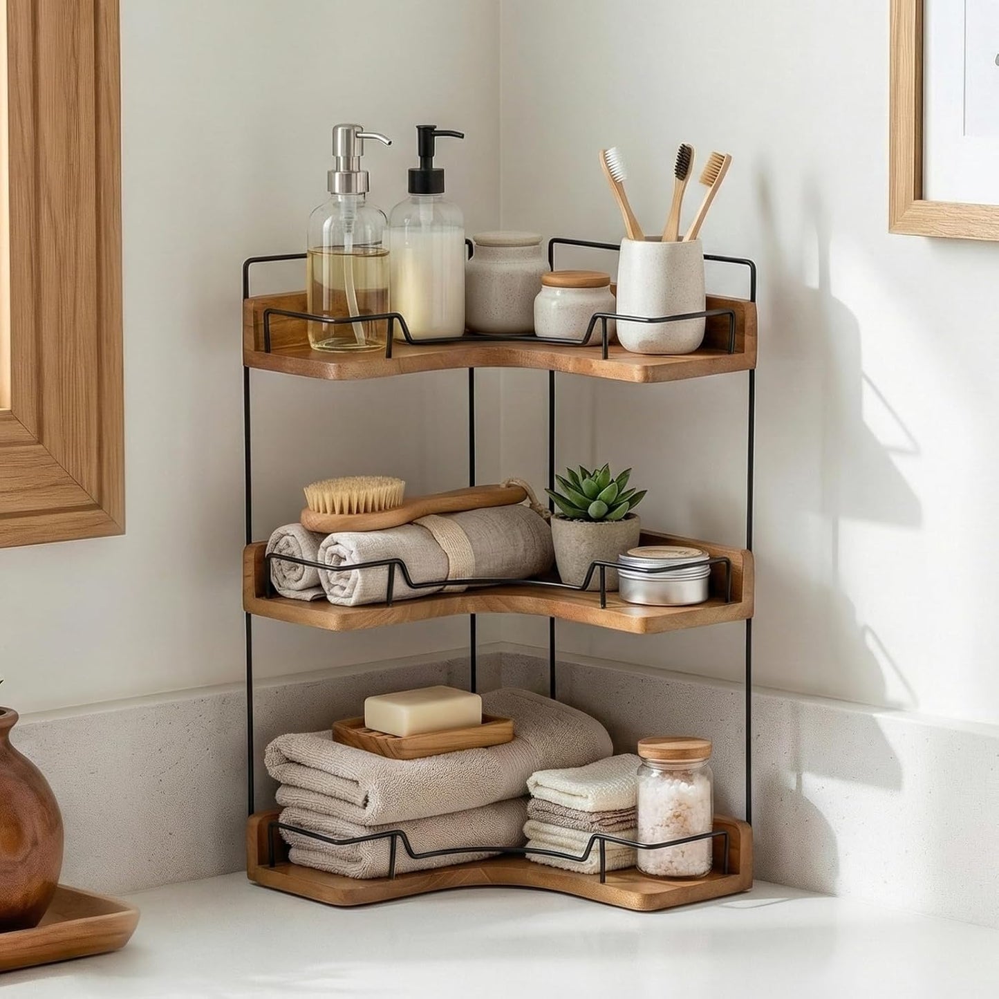 Snuvid 3-Tier Counter Countertop Bathroom Organizer, Wooden Corner Shelf for Vanity Skincare & Makeup, Storage