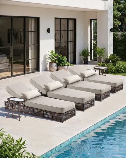 ACTREST Luxury Outdoor Chaise Lounges with 5 Inch Thickened Cushions - Set of 4 High Back Brown Wicker Patio Recliners Rattan Reclining Chairs Porch Poolside Pool Sunbathing Lounger- Beige